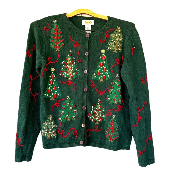 Talbots Sweaters - Talbots Vintage Christmas Tree Embroidered & Beaded Cardigan Size Small